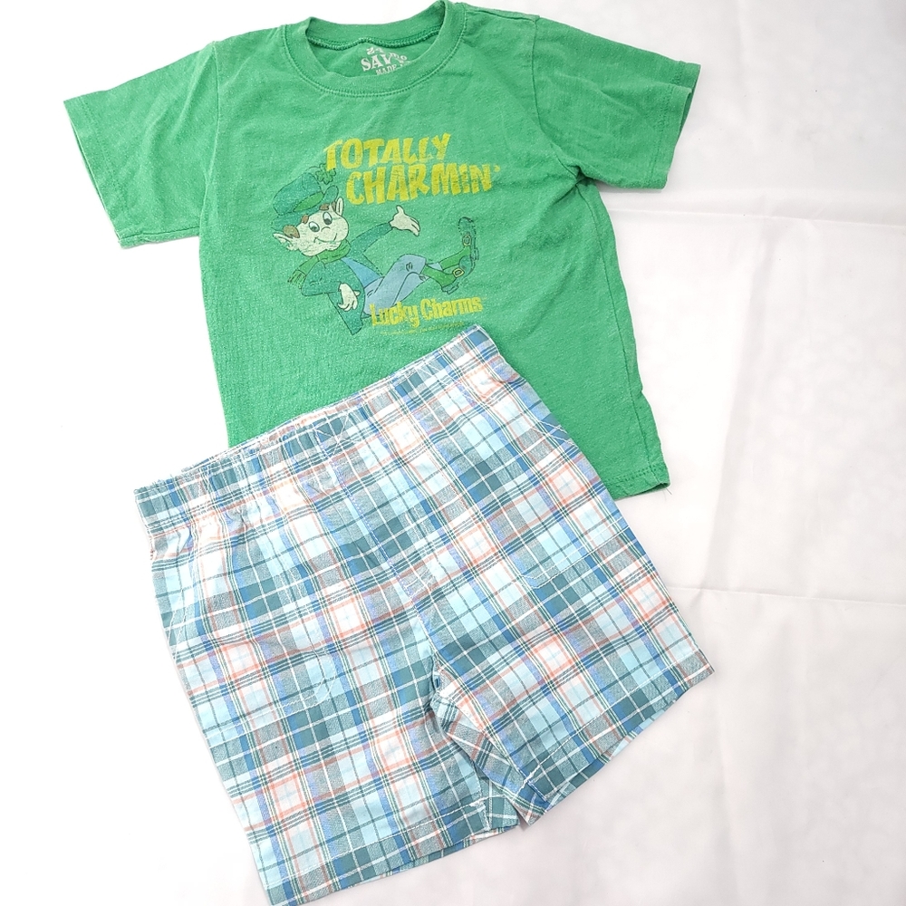 Savvy Lucky Charms Graphic Tee T-Shirt & Plaid Carter's Shorts Sz 24 Months